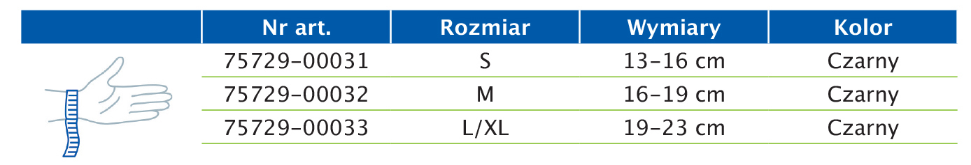 Tabela rozmiarów przedstawiająca wymiary regulowanej ortezy stabilizującej nadgarstek z metalową podpórką Actimove Sports Edition Tabela rozmiarów przedstawiająca wymiary regulowanej ortezy stabilizującej nadgarstek z metalową podpórką Actimove Sports Edition